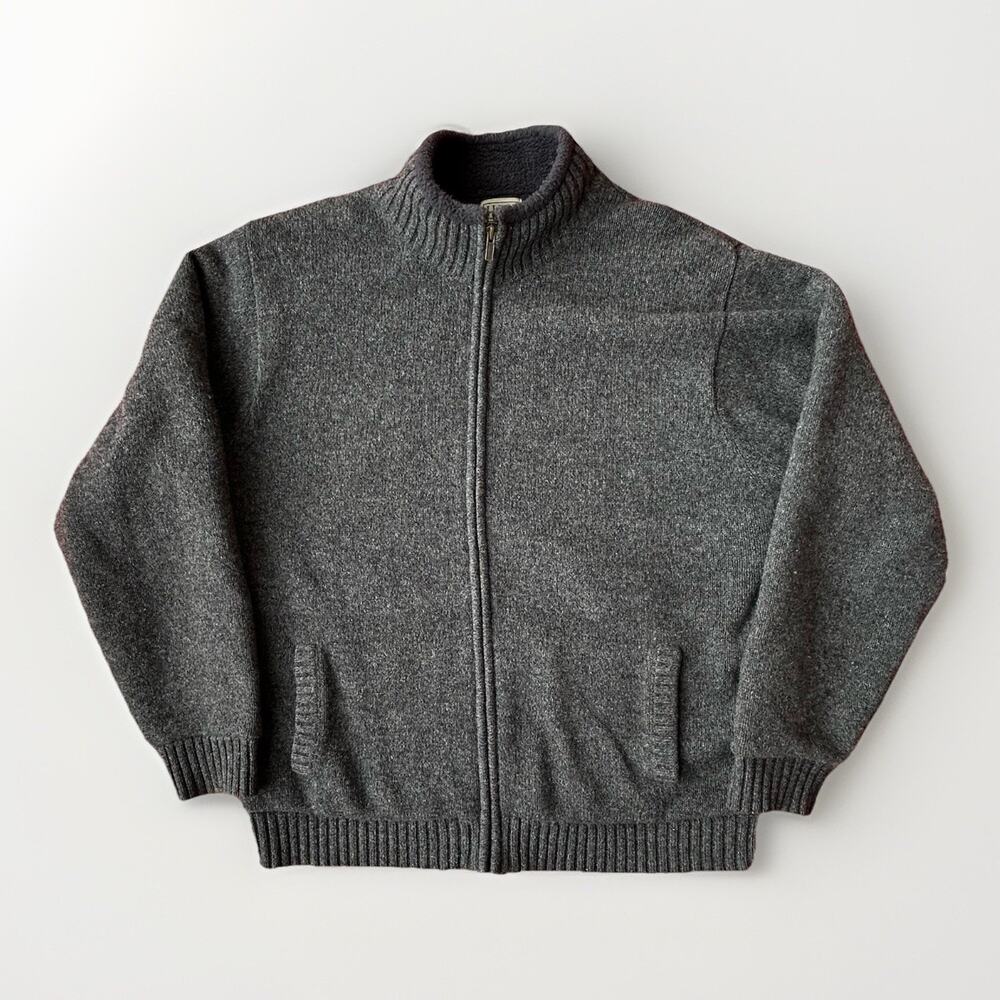 LL Bean Lambswool Classic Ragg Full Zip Fleece Lined Sweater Men Size Large Gray